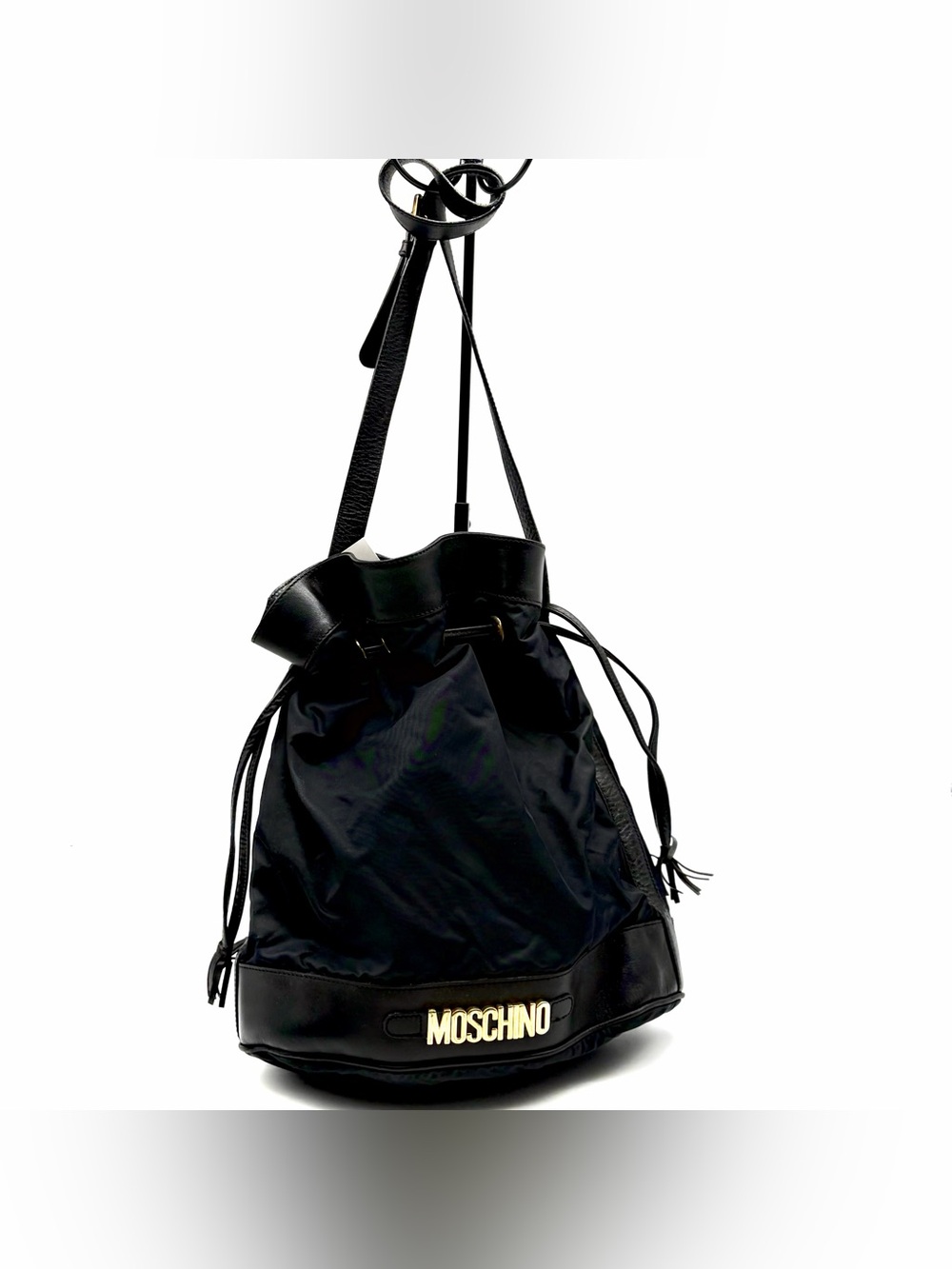 Moschino Redwall Italy Black Nylon Leather Drawstring Bucket Bag Gold Logo Med